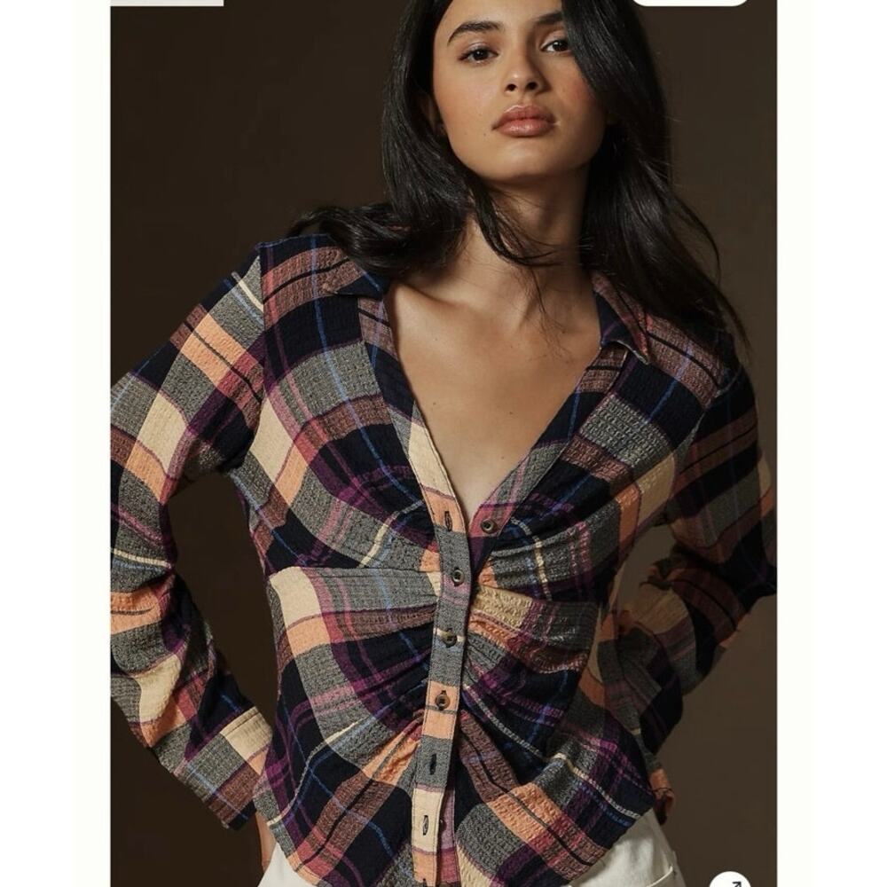 Pilcro Anthropologie Ruched Deep V Plaid Button Down Top XL Petite Fall Layering